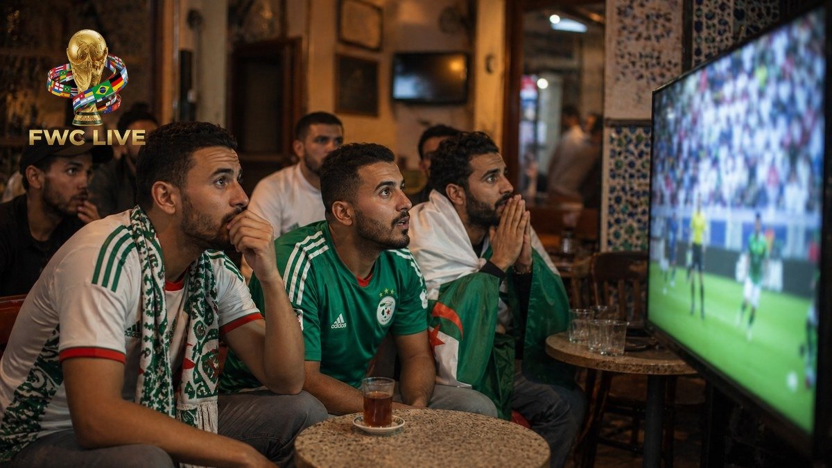Algerian football fans watching FIFA World Cup 2026 coverage in a cafe