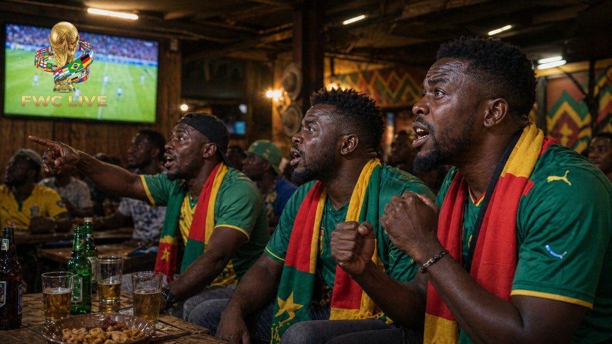 Cameroon football fans watching FIFA World Cup 2026 coverage in a Douala sports bar