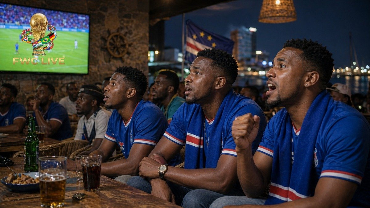 Cape Verde football fans watching FIFA World Cup 2026 coverage in a Praia sports cafe