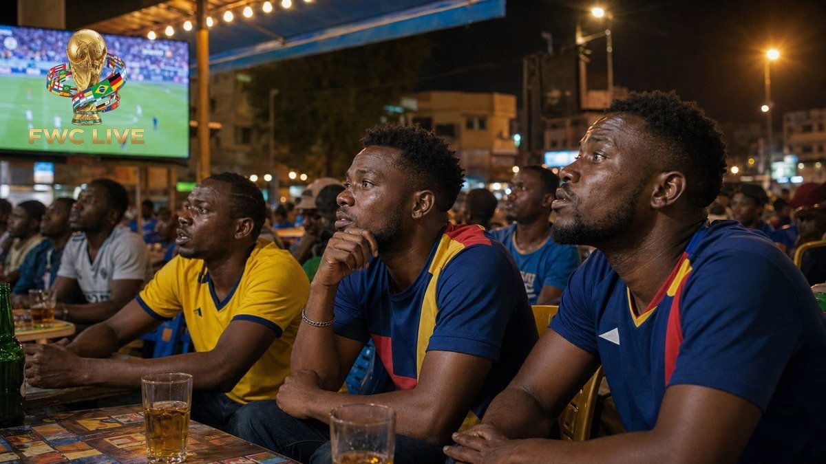 Chad football fans watching FIFA World Cup 2026 coverage in an N'Djamena outdoor cafe