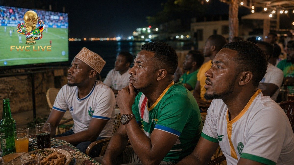 Comoros football fans watching FIFA World Cup 2026 coverage in a Moroni seaside cafe