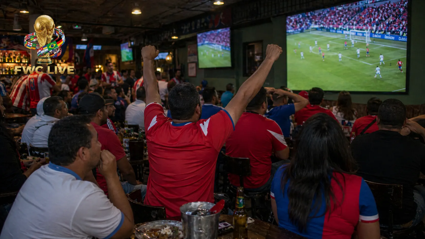 Costa Rica football fans watching FIFA World Cup 2026 coverage in a San Jose sports bar