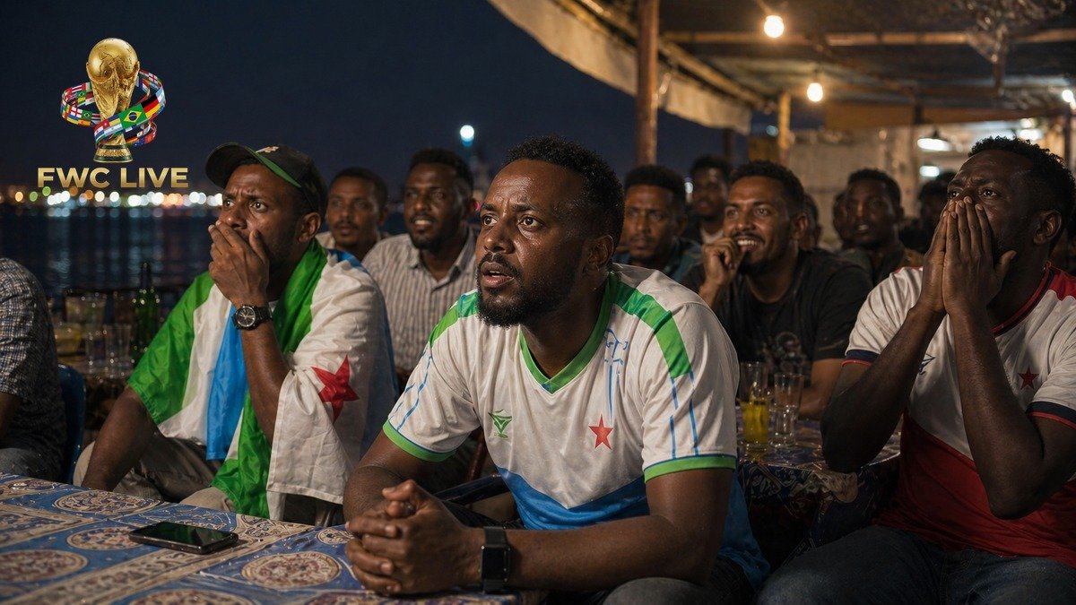 Djibouti football fans watching FIFA World Cup 2026 coverage in a Djibouti City seaside cafe