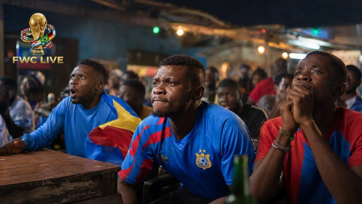 DR Congo football fans watching FIFA World Cup 2026 coverage in a Kinshasa sports cafe