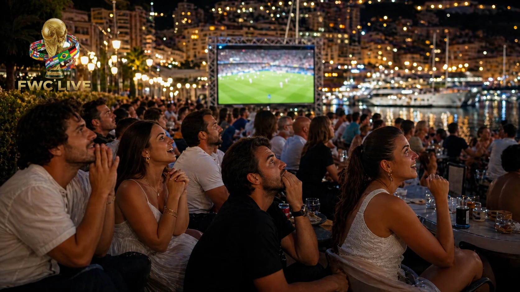 Monaco football fans watching FIFA World Cup 2026 coverage near Port Hercule