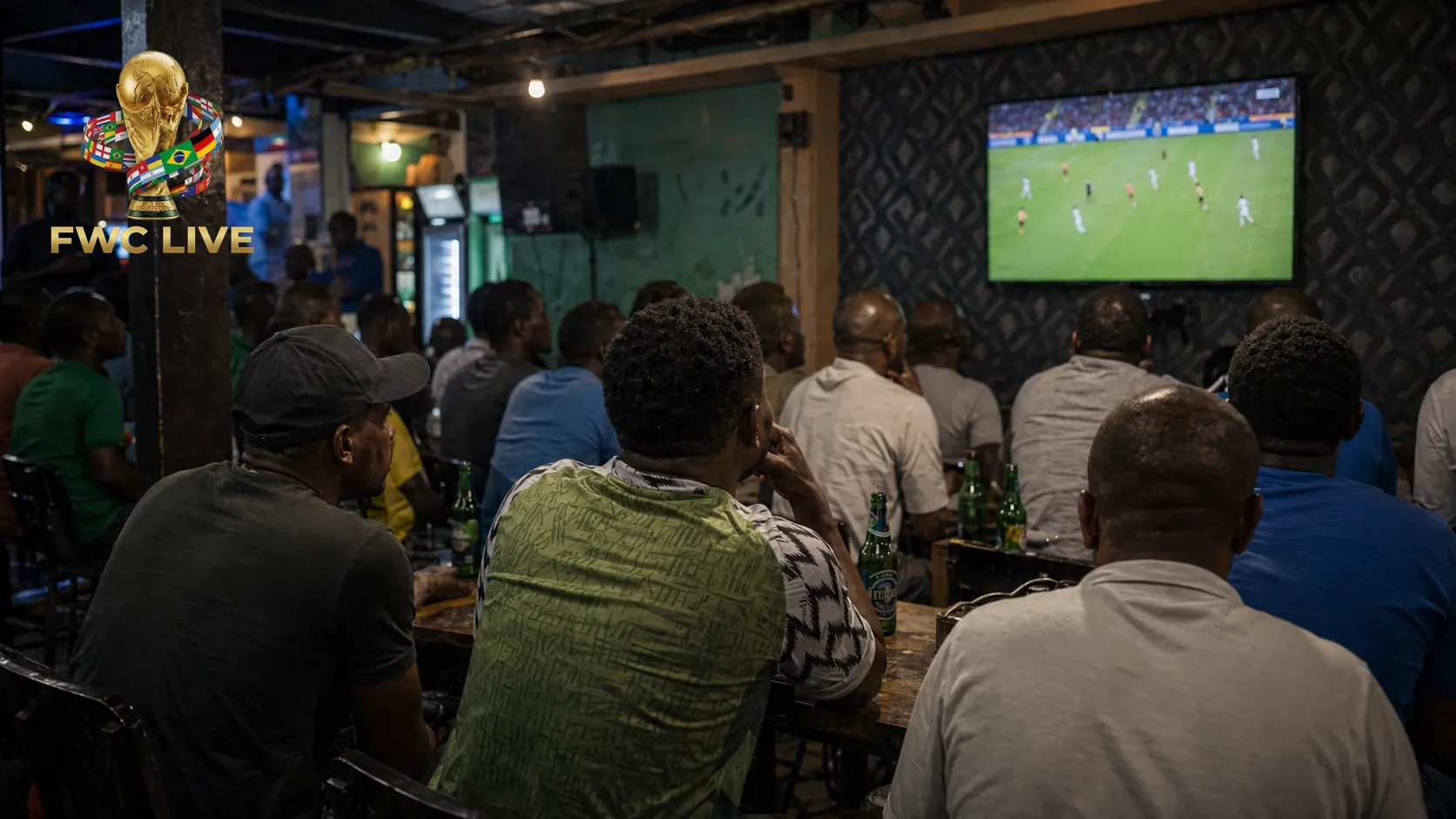 Nigeria football fans watching FIFA World Cup 2026 coverage in a Lagos cafe