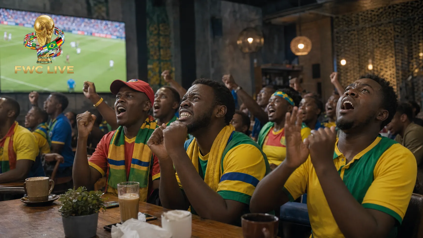 Rwanda football fans watching FIFA World Cup 2026 coverage in a Kigali cafe