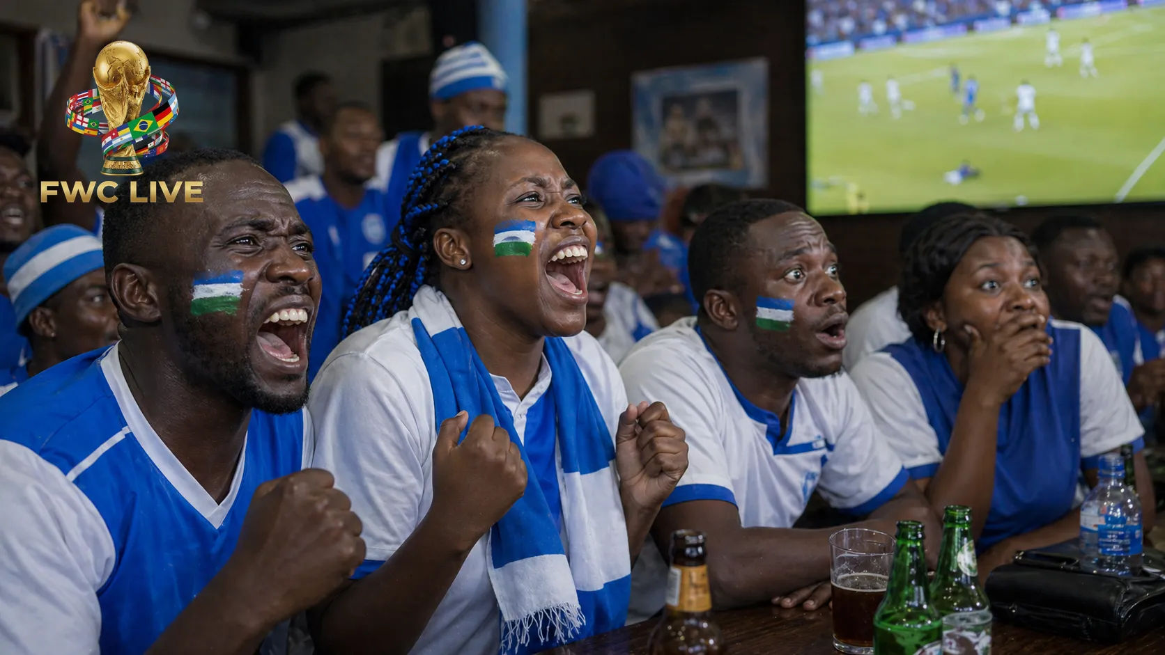 Sierra Leone football fans watching FIFA World Cup 2026 coverage in a Freetown cafe