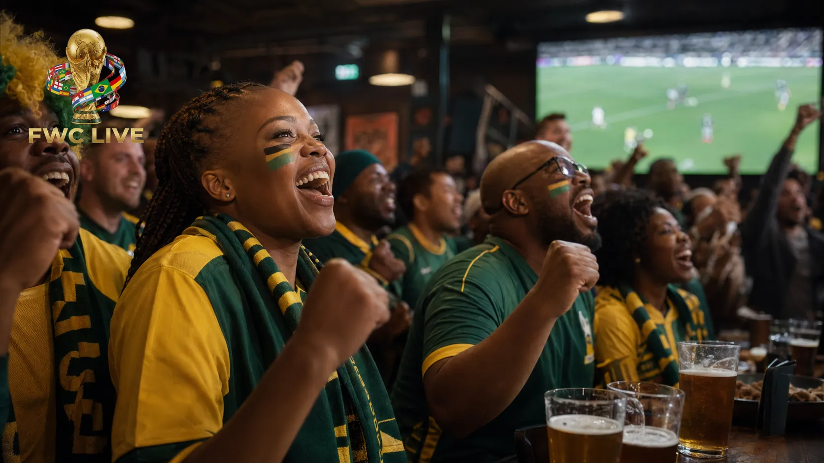 South Africa football fans watching FIFA World Cup 2026 coverage in a Johannesburg sports bar