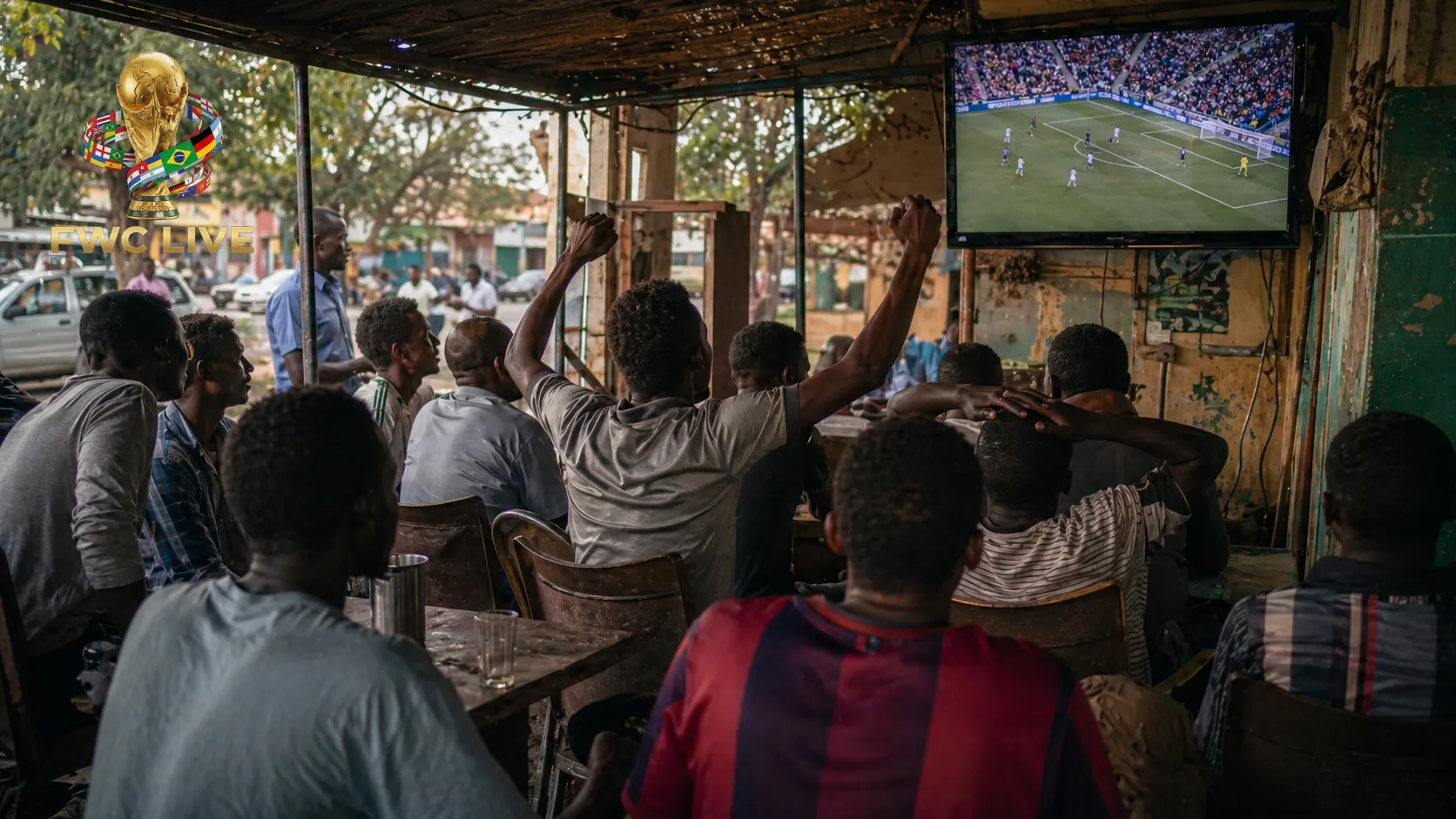 Sudan football fans watching FIFA World Cup 2026 coverage in a Khartoum street cafe