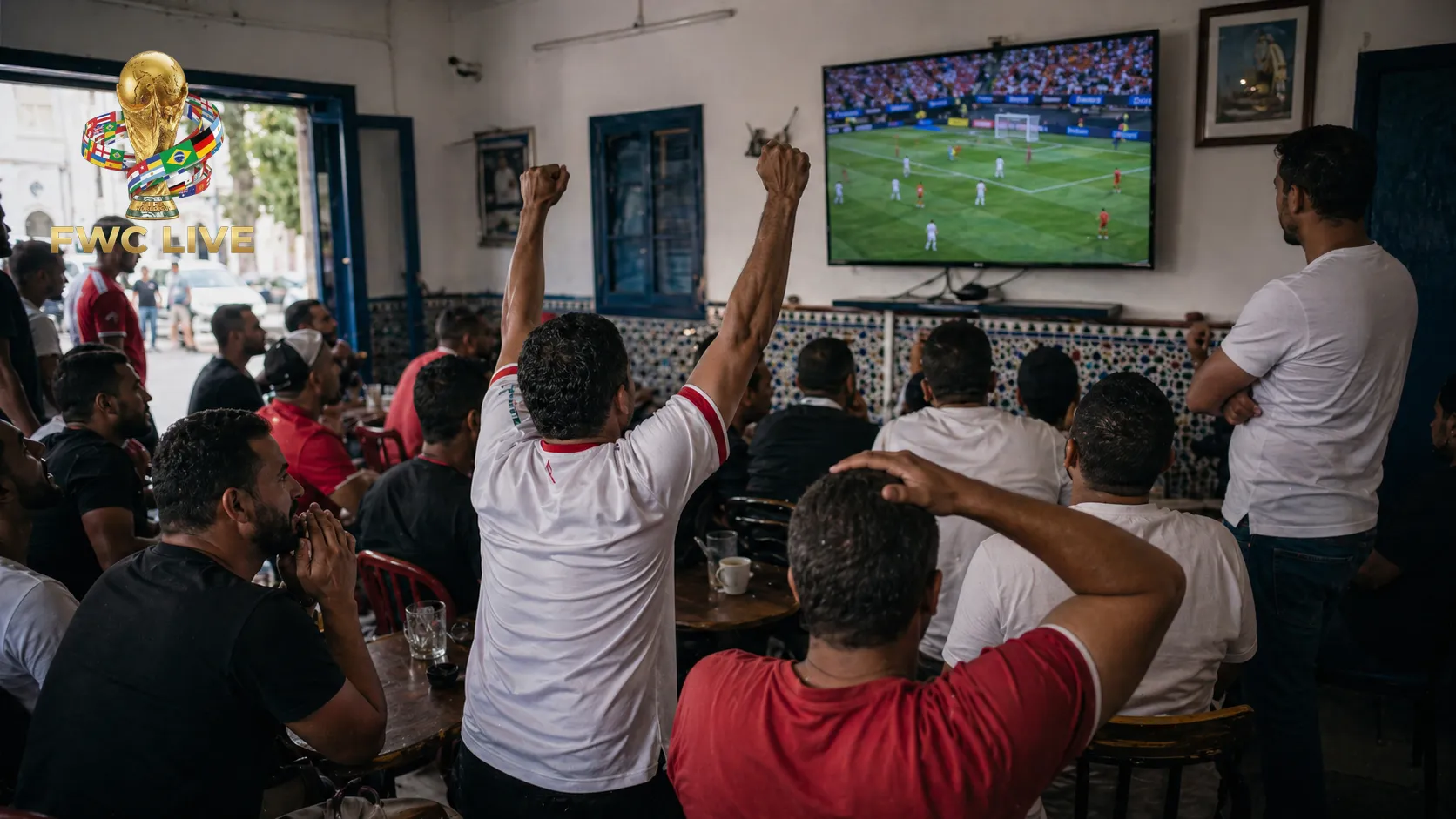 Tunisia football fans watching FIFA World Cup 2026 coverage in a Tunis sports cafe