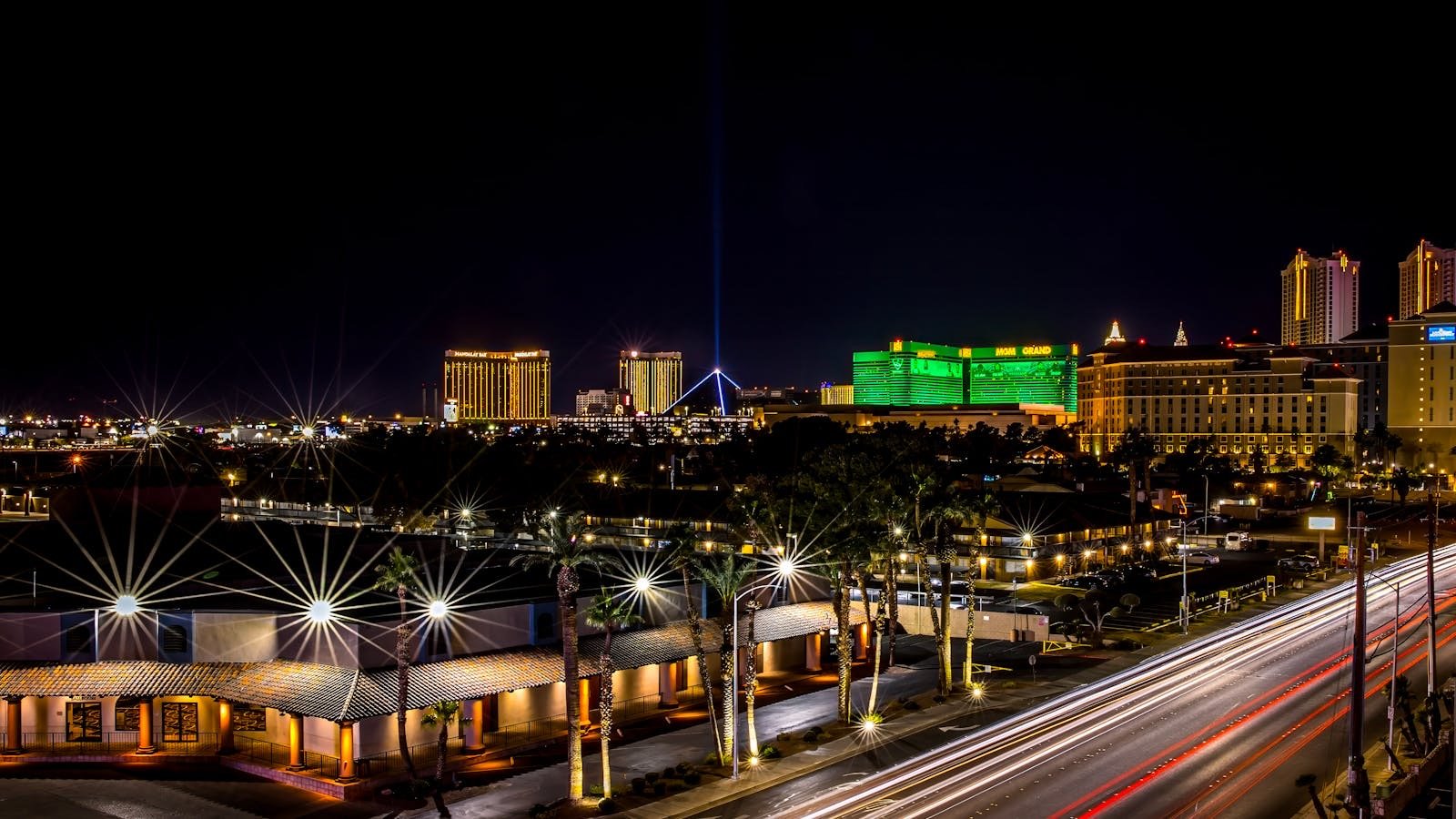 Las Vegas skyline at night as the city pushes a new 50,000-seat soccer stadium plan