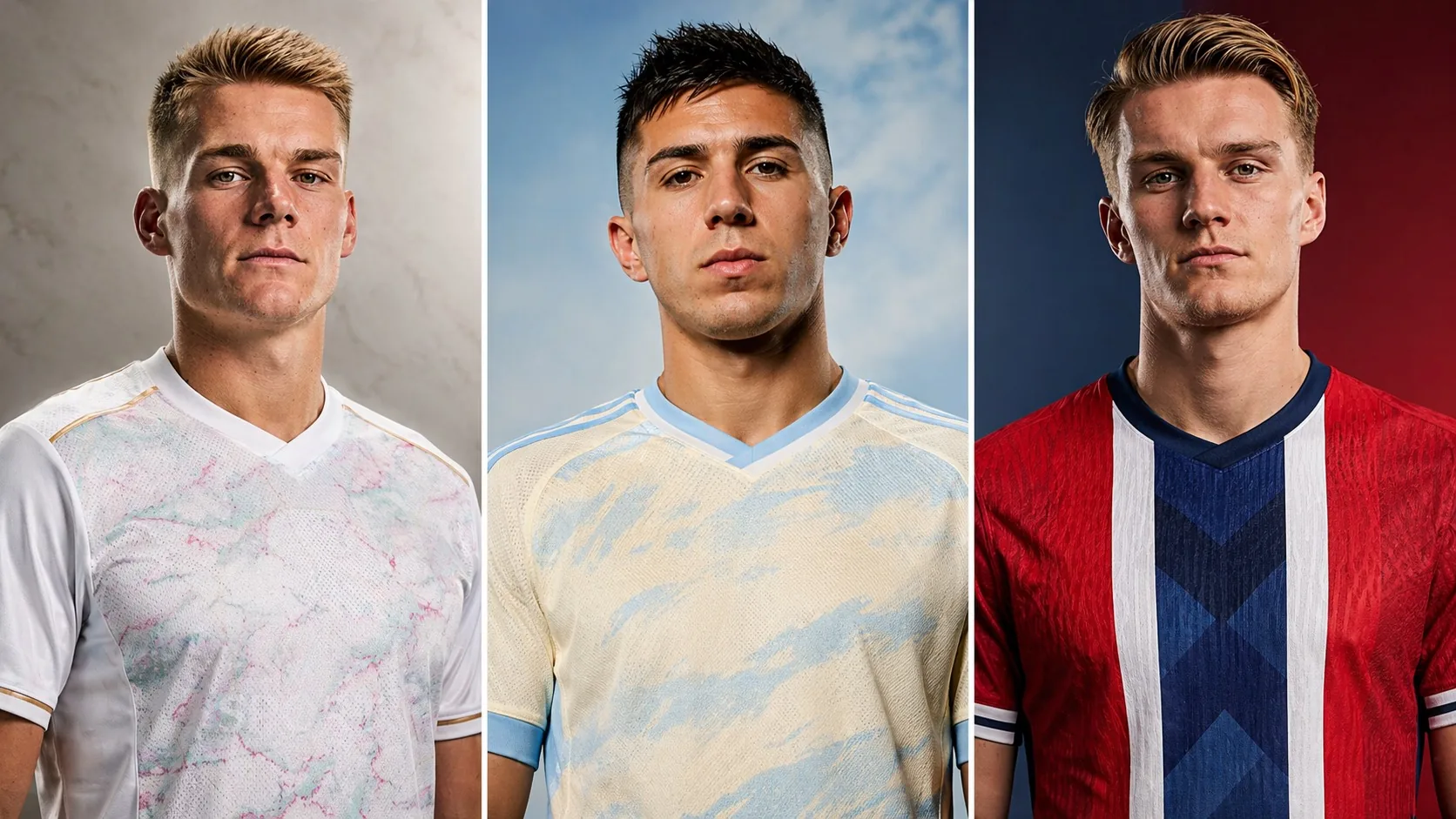 Three footballers in premium national-team-inspired kits for a World Cup 2026 best kits feature
